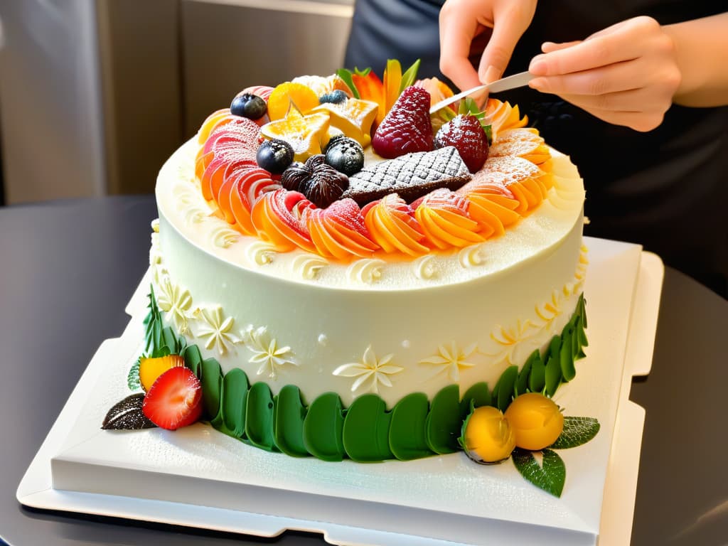  A closeup, ultradetailed image of a pastry chef delicately piping intricate designs onto a multilayered, decadent cake. The chef's hands are steady and precise, showcasing the artistry and skill behind creating intricate and delicious international pastries. The vibrant colors of the frosting and the glossy finish of the cake layers add to the visual appeal, making it a visually captivating and inspiring image for the readers of the article on the secrets of international pastry techniques. hyperrealistic, full body, detailed clothing, highly detailed, cinematic lighting, stunningly beautiful, intricate, sharp focus, f/1. 8, 85mm, (centered image composition), (professionally color graded), ((bright soft diffused light)), volumetric fog, trending on instagram, trending on tumblr, HDR 4K, 8K