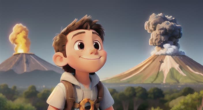  {The young explorer gazing up in awe at the majestic volcano., The young explorer has a big smile on their face and bright, curious eyes.