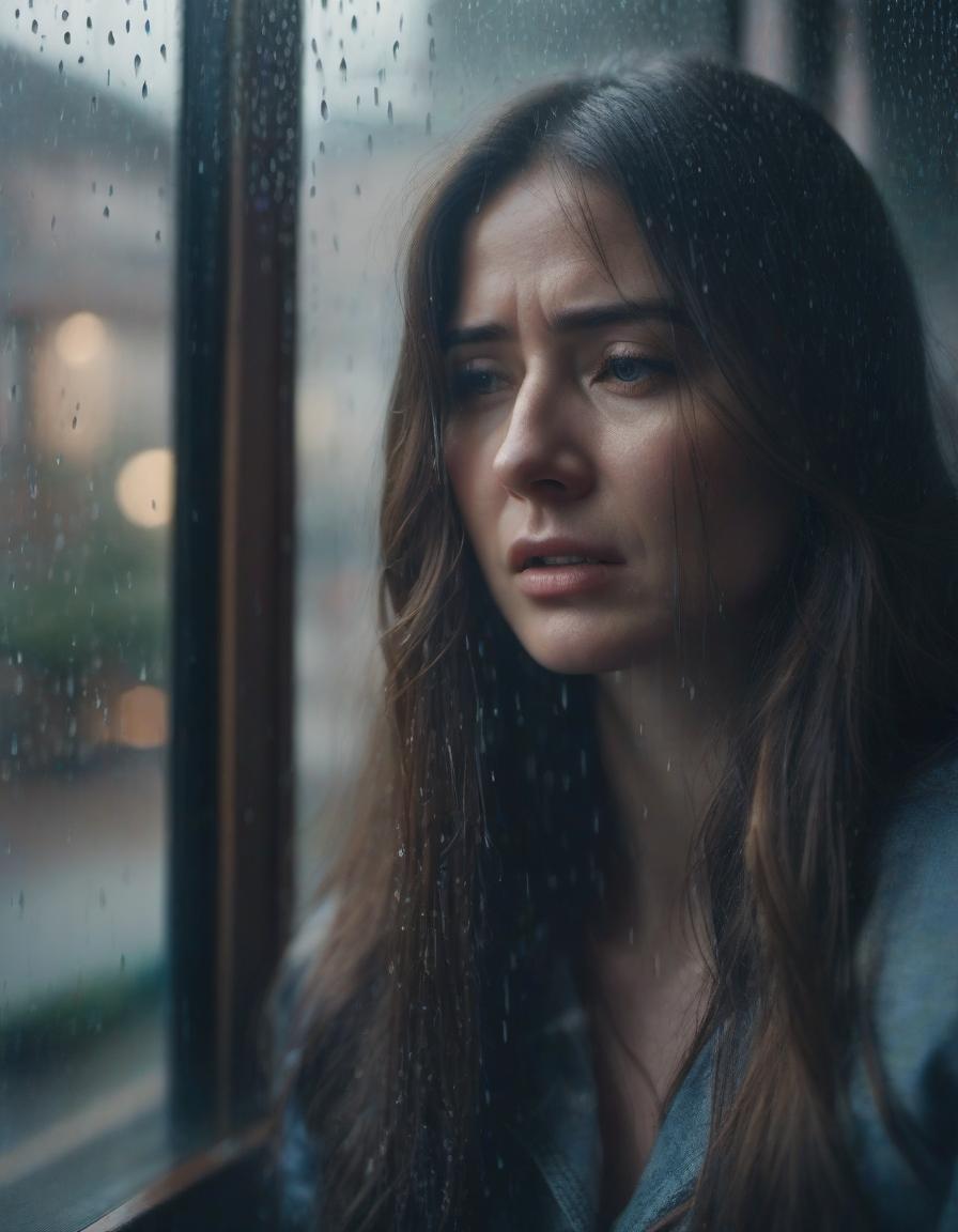  A long haired girl is crying by the window, and there's rain outside. hyperrealistic, full body, detailed clothing, highly detailed, cinematic lighting, stunningly beautiful, intricate, sharp focus, f/1. 8, 85mm, (centered image composition), (professionally color graded), ((bright soft diffused light)), volumetric fog, trending on instagram, trending on tumblr, HDR 4K, 8K