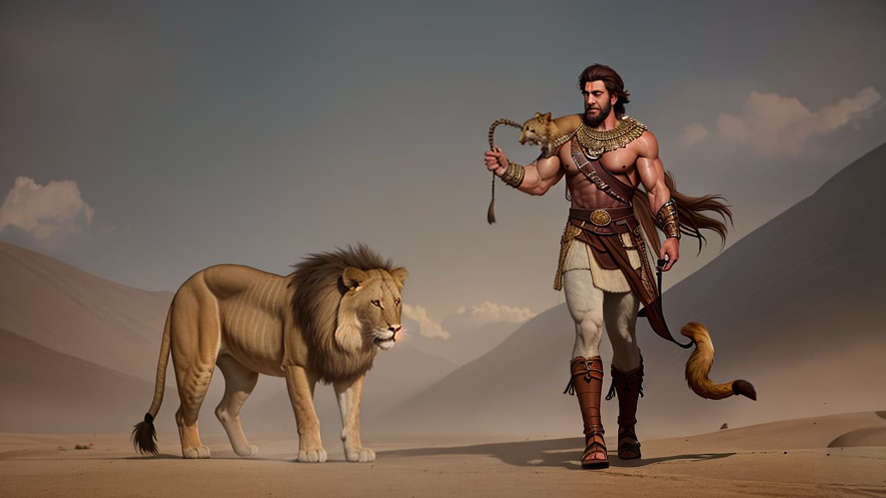  a Jewish muscular man, wearing brown rough tunic and sandals, holding a wild vicious lion around its neck and pining it to the ground, in a desert place hyperrealistic, full body, detailed clothing, highly detailed, cinematic lighting, stunningly beautiful, intricate, sharp focus, f/1. 8, 85mm, (centered image composition), (professionally color graded), ((bright soft diffused light)), volumetric fog, trending on instagram, trending on tumblr, HDR 4K, 8K