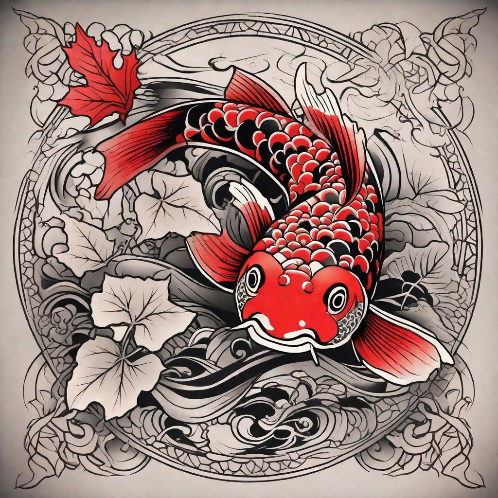  masterpiece, best quality, black and red. koi and maple leaves covering hand and forearm tattoo