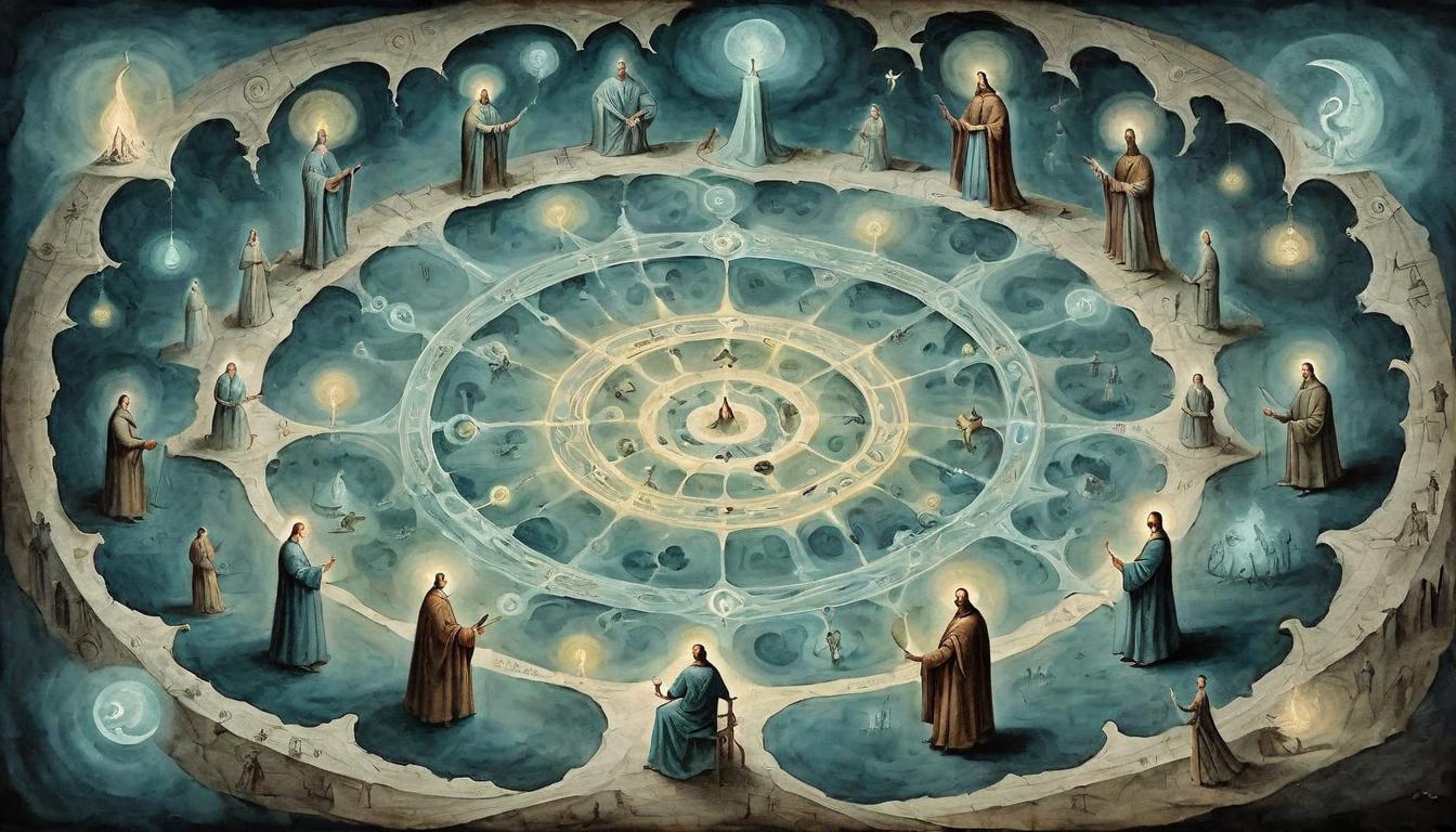  on parchment, surrealism+++, Circle of glowing interconnected figures, community, support, shared purpose(mysterious, provocative, symbolic,muted color)+++