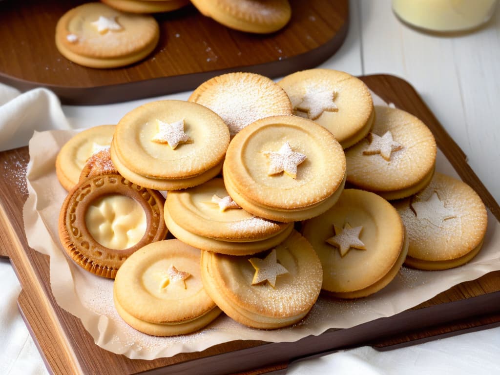  A closeup, ultradetailed image of a freshly baked tray of Danish butter cookies, showcasing the goldenbrown, flaky texture of the cookies with a sprinkling of sugar on top. The cookies are arranged beautifully on a rustic wooden serving board, with scattered crumbs and a few whole butter cookies in the background, set against a soft, blurred background to enhance the focus on the delicious treats. hyperrealistic, full body, detailed clothing, highly detailed, cinematic lighting, stunningly beautiful, intricate, sharp focus, f/1. 8, 85mm, (centered image composition), (professionally color graded), ((bright soft diffused light)), volumetric fog, trending on instagram, trending on tumblr, HDR 4K, 8K