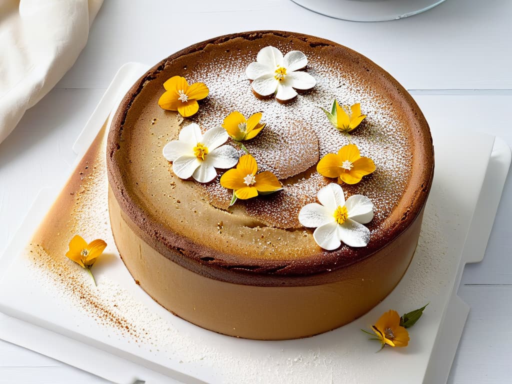  An intricate closeup of a freshly baked teff flour and almond cake, adorned with delicate edible flowers and a sprinkle of powdered sugar on a sleek, modern white plate. The rich goldenbrown crust of the cake glistens in the soft natural light, showcasing the fine crumb texture and the subtle nutty aroma of the glutenfree dessert. The minimalistic presentation highlights the elegance and sophistication of this innovative teffbased creation, inviting readers to explore the fusion of tradition and innovation in glutenfree baking. hyperrealistic, full body, detailed clothing, highly detailed, cinematic lighting, stunningly beautiful, intricate, sharp focus, f/1. 8, 85mm, (centered image composition), (professionally color graded), ((bright soft diffused light)), volumetric fog, trending on instagram, trending on tumblr, HDR 4K, 8K