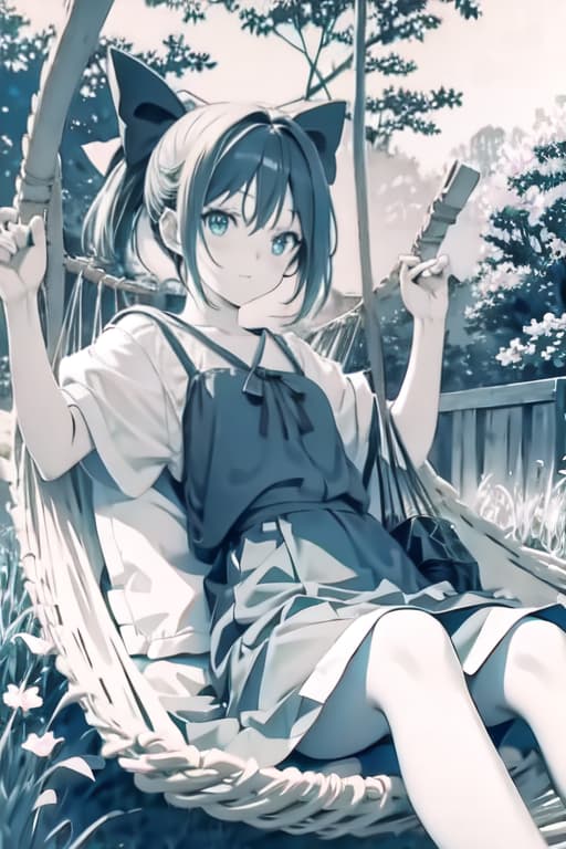  Cirno on a hammock, old manga style, monochrome