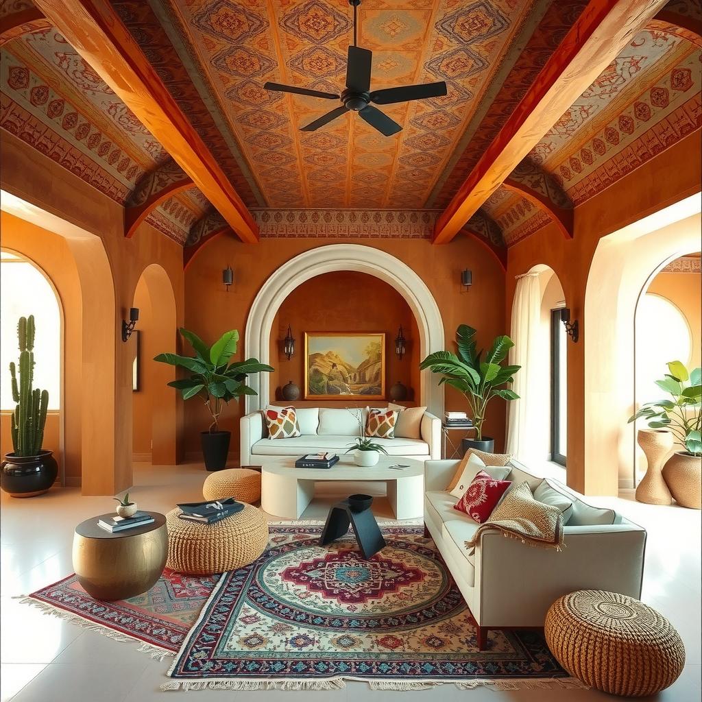  boho living room featuring a stunning textured ceiling with intricate patterns, warm earth tones, and vibrant textile accents. include a cozy seating area with a plush sofa, layered rugs, and lush plants. emphasize an inviting atmosphere blending nature and artistic textures., , , , , ,