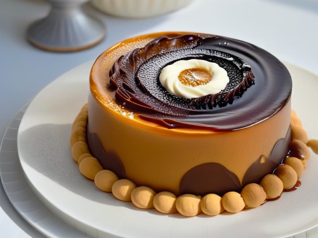  A closeup, ultradetailed image of a glossy, dark amber droplet of molasses slowly descending into a swirl of creamy, vanillainfused dessert, creating a mesmerizing ripple effect. The contrasting textures and rich colors evoke a sense of indulgence and sophistication, perfectly capturing the essence of intense flavor and creativity in dessertmaking. hyperrealistic, full body, detailed clothing, highly detailed, cinematic lighting, stunningly beautiful, intricate, sharp focus, f/1. 8, 85mm, (centered image composition), (professionally color graded), ((bright soft diffused light)), volumetric fog, trending on instagram, trending on tumblr, HDR 4K, 8K