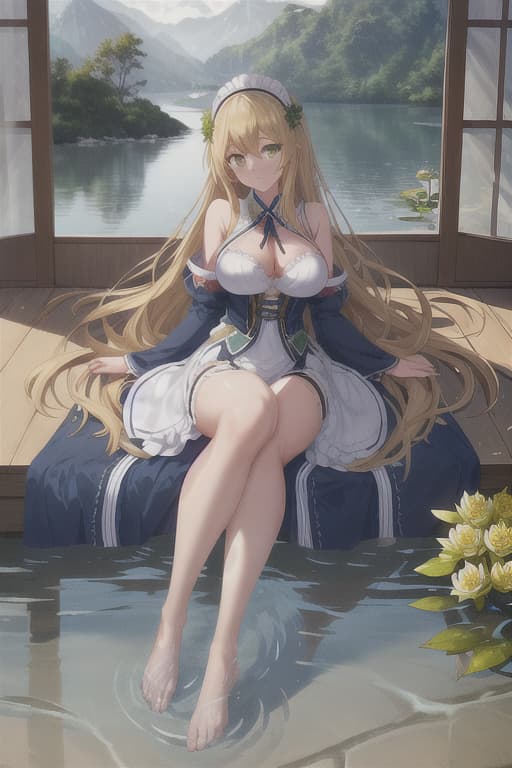  (score 9,score 8 up,score 7 up,),1girl,solo,maid,maid headdress,looking at viewer,outdoor,lake,apron,blonde hair,indoors,green eyes,bare foot,two feet in the water lotus flower sex stunny hyperrealistic, full body, detailed clothing, highly detailed, cinematic lighting, stunningly beautiful, intricate, sharp focus, f/1. 8, 85mm, (centered image composition), (professionally color graded), ((bright soft diffused light)), volumetric fog, trending on instagram, trending on tumblr, HDR 4K, 8K