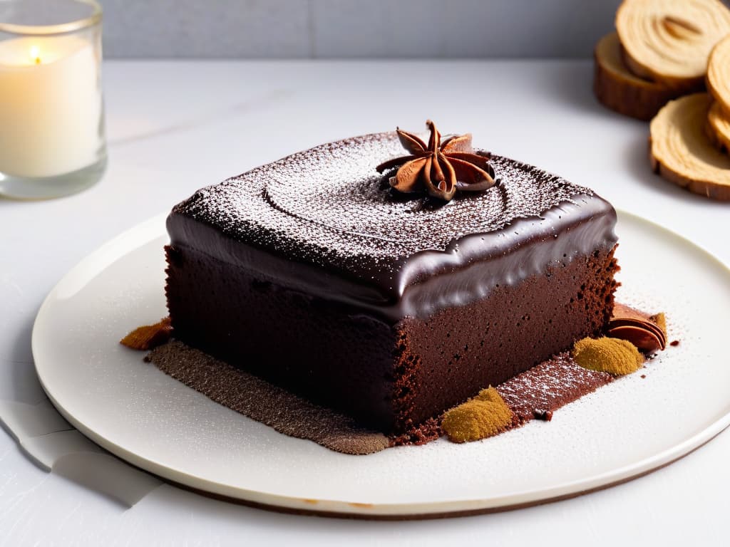  A highresolution image of a delicately plated dessert featuring a rich, velvety chocolate cake topped with a sprinkle of cinnamon, a dusting of ground cardamom, and a few whole cloves for garnish. The dessert sits on a sleek, white plate against a minimalist backdrop, emphasizing the elegant and sophisticated use of spices in desserts. hyperrealistic, full body, detailed clothing, highly detailed, cinematic lighting, stunningly beautiful, intricate, sharp focus, f/1. 8, 85mm, (centered image composition), (professionally color graded), ((bright soft diffused light)), volumetric fog, trending on instagram, trending on tumblr, HDR 4K, 8K