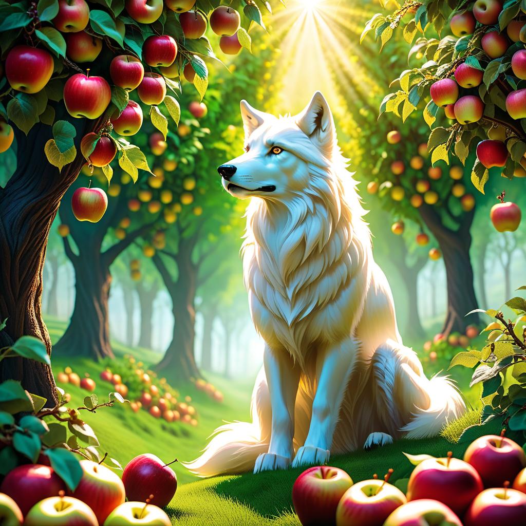  ethereal fantasy concept art of (Background): apple orchard. An apple orchard with golden fruit and crystal leaves. In the orchard sits a white werewolf wolf cub with green eyes, black nose. Style:fantasy . magnificent, celestial, ethereal, painterly, epic, majestic, magical, fantasy art, cover art, dreamy hyperrealistic, full body, detailed clothing, highly detailed, cinematic lighting, stunningly beautiful, intricate, sharp focus, f/1. 8, 85mm, (centered image composition), (professionally color graded), ((bright soft diffused light)), volumetric fog, trending on instagram, trending on tumblr, HDR 4K, 8K