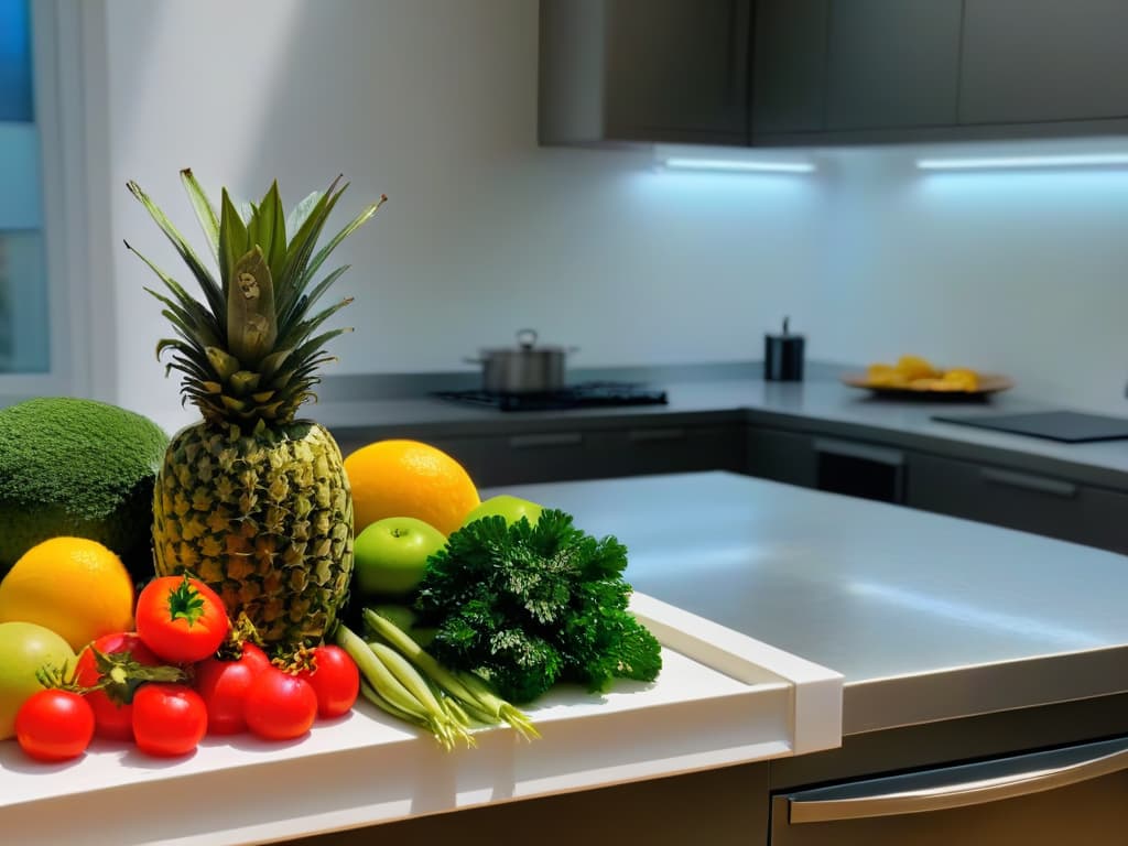  A highresolution image of a sleek, modern kitchen counter with a variety of colorful fruits and vegetables neatly arranged in geometric patterns, showcasing freshness and healthy ingredients for cooking and baking. hyperrealistic, full body, detailed clothing, highly detailed, cinematic lighting, stunningly beautiful, intricate, sharp focus, f/1. 8, 85mm, (centered image composition), (professionally color graded), ((bright soft diffused light)), volumetric fog, trending on instagram, trending on tumblr, HDR 4K, 8K