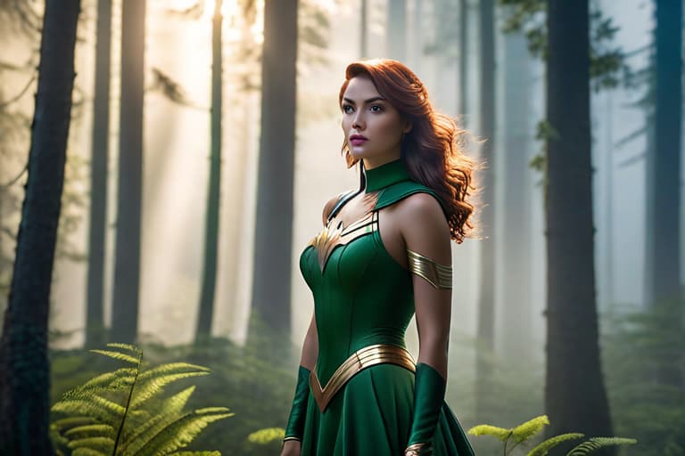  best quality, masterpiece, highres, photorealistic, high quality, volumetric lighting, candid, Photograph, high resolution, nightime, a young European with skin details, hair, fantasy, harmonious, determined, foggy old forest, dress like a super heros, beautiful with eyes liner, realistic hyperrealistic, full body, detailed clothing, highly detailed, cinematic lighting, stunningly beautiful, intricate, sharp focus, f/1. 8, 85mm, (centered image composition), (professionally color graded), ((bright soft diffused light)), volumetric fog, trending on instagram, trending on tumblr, HDR 4K, 8K