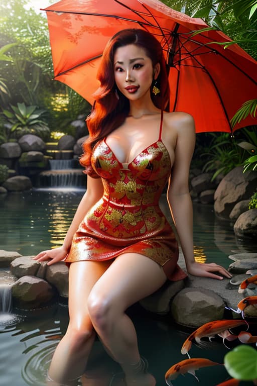  (Masterpiece),(extremely complex: 1.3),(realistic), sitting under a high red wall, Red koi fish, lovely big almond eyes, crystal and shiny pond, feet barefoot into the water, open a vintage red umbrella, wear a gorgeous red dress, clear water, photos of beauty goddess features, ancient hair, Chinese actor Liu Yifei photos, movie lighting,(film grain),8K realistic, movie lighting, HD, high detail,art station, half, head shot in HD, movie stills, stunning photography, super realistic, super detailed,4K Ultra HD images hyperrealistic, full body, detailed clothing, highly detailed, cinematic lighting, stunningly beautiful, intricate, sharp focus, f/1. 8, 85mm, (centered image composition), (professionally color graded), ((bright soft diffused light)), volumetric fog, trending on instagram, trending on tumblr, HDR 4K, 8K