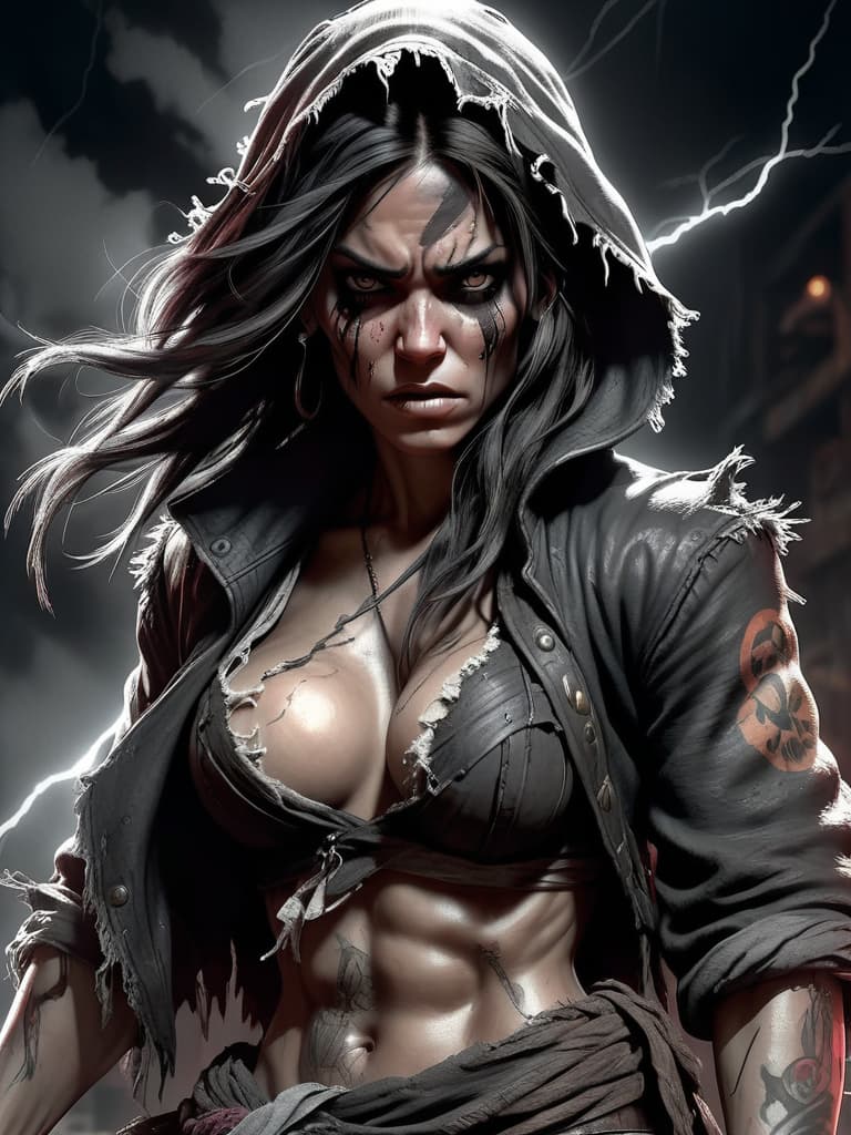  hyperrealistic art Street Fighter style, pirate, figure woman with dark hair, shrouded in tattered rags, reveal body underneath, drawn in pencil, light and magic in the style of pop horror, high-tech, mysterious, psychedelic, russ mills style, dark fantasy, dark art, abstract background oil matte painting, dark lightning . extremely high-resolution details, photographic, realism pushed to extreme, fine texture, incredibly lifelike