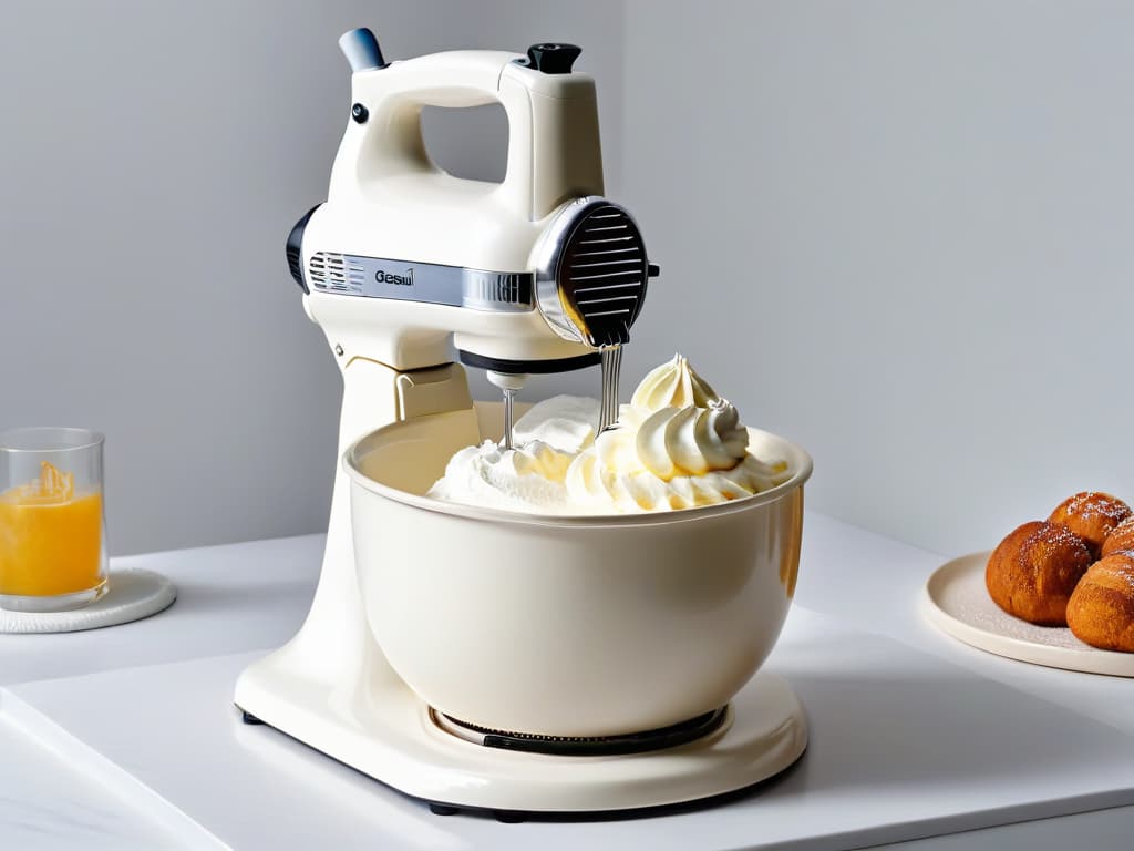  A sleek and modern professional stand mixer in a pristine white color, with the brand logo subtly embossed on the side. The mixer is captured at a slight angle, showcasing its smooth lines and elegant design. The image focuses on the top view of the mixer's bowl, filled with fluffy whipped cream, glossy stiff peaks forming on the beater attachment. The lighting is soft, highlighting the texture of the whipped cream and creating a sense of sophistication and precision in baking. hyperrealistic, full body, detailed clothing, highly detailed, cinematic lighting, stunningly beautiful, intricate, sharp focus, f/1. 8, 85mm, (centered image composition), (professionally color graded), ((bright soft diffused light)), volumetric fog, trending on instagram, trending on tumblr, HDR 4K, 8K