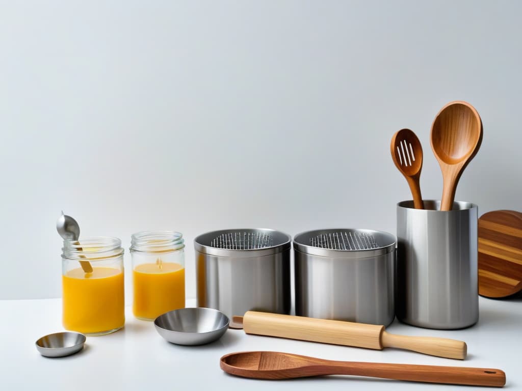  A highresolution image of a sleek, modern kitchen counter with ecofriendly vegan baking utensils neatly arranged: a bamboo mixing spoon, a stainless steel whisk, a silicone spatula, a set of measuring cups made from recycled materials, and a wooden rolling pin. The utensils are strategically placed in a visually appealing manner, showcasing their ecofriendly and sustainable features. The background is soft and blurred to keep the focus on the utensils, emphasizing their importance in vegan baking while maintaining a minimalist aesthetic. hyperrealistic, full body, detailed clothing, highly detailed, cinematic lighting, stunningly beautiful, intricate, sharp focus, f/1. 8, 85mm, (centered image composition), (professionally color graded), ((bright soft diffused light)), volumetric fog, trending on instagram, trending on tumblr, HDR 4K, 8K