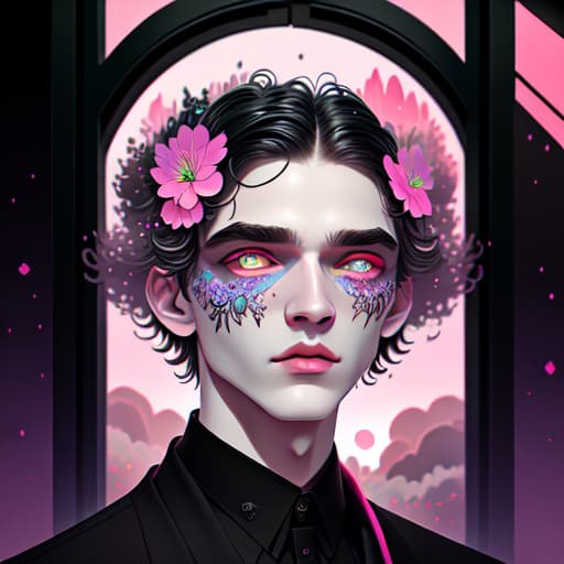 in OliDisco style open black door. men in black. light flowers. big pink clouds. winter. over-detailed face and eyes and lips and nose and body and skin and pupils and irises