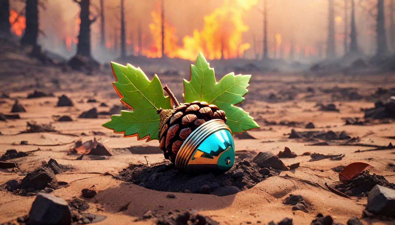  retro futuristic A single acorn lying on scorched earth, the first sign of new growth after a forest fire. Hope, resilience, beginnings from adversity. lvintage sci fi, 50s and 60s style, atomic age, vibrant, highly detailed