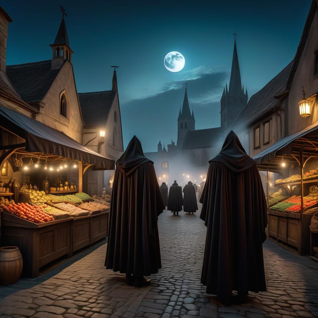  macabre style Medieval town, night, moon, church, market, wizards in cloaks . dark, gothic, grim, haunting, highly detailed, hkmagic hyperrealistic, full body, detailed clothing, highly detailed, cinematic lighting, stunningly beautiful, intricate, sharp focus, f/1. 8, 85mm, (centered image composition), (professionally color graded), ((bright soft diffused light)), volumetric fog, trending on instagram, trending on tumblr, HDR 4K, 8K