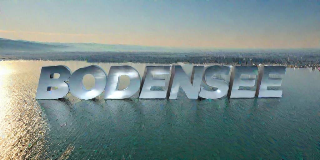  3D text "BODENSEE" floating above Lake Constance, clear skies, midday lighting, in 3D Model style, high resolution render., high resolution, ((sharp focus)), best quality, ((masterpiece))