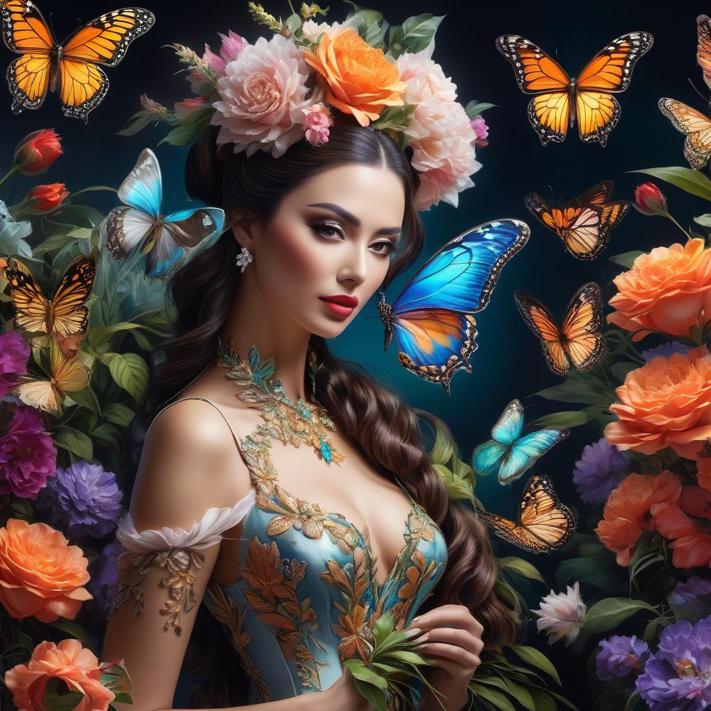  bouquet of flowers and butterflies , ornate plants, detailed airbrushing, beautiful aesthetic design, digital art w 640, realistic, contrast, backlight, glow effect, neon, watercolor painting hyperrealistic, full body, detailed clothing, highly detailed, cinematic lighting, stunningly beautiful, intricate, sharp focus, f/1. 8, 85mm, (centered image composition), (professionally color graded), ((bright soft diffused light)), volumetric fog, trending on instagram, trending on tumblr, HDR 4K, 8K