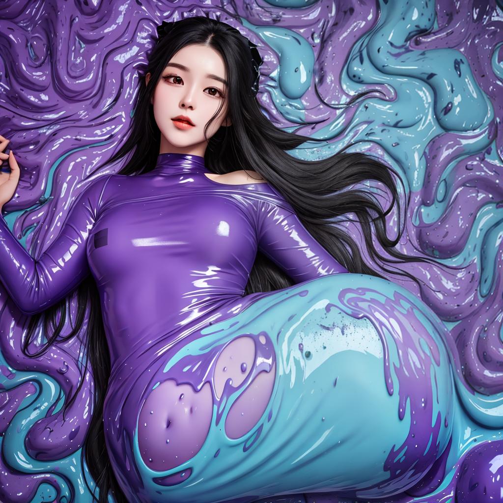  masterpiece, best quality, Beautiful with long black hair, covered in skin tight layer of purple slime flowing up her body, head, face, shoulders, and not covered by slime, full body picture, realistic, photographic,