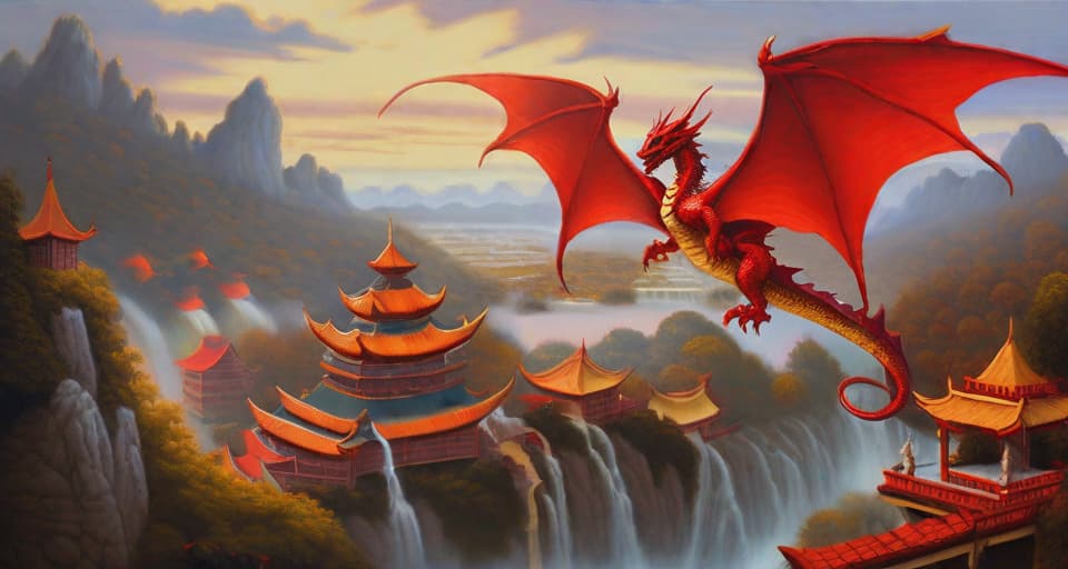  traditional oil on canvas painting, fantasy art, a red and gold dragon with a village background