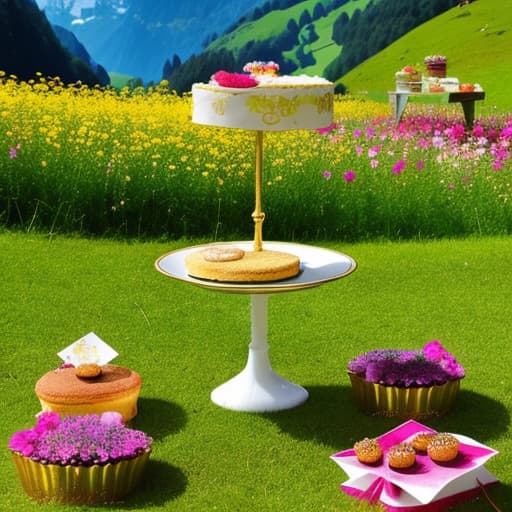  a cake, golden cake stand, picnic location, in lush green Switzerland, in middle of beautiful and colourful flowers