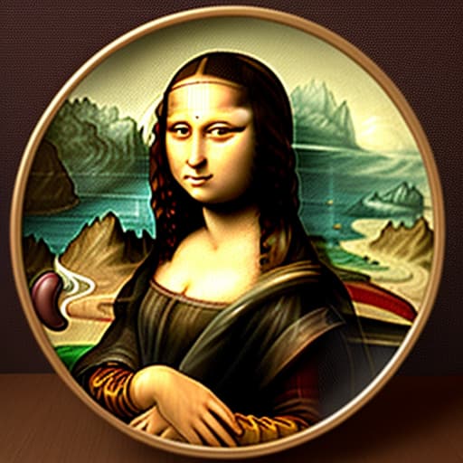  The Mona Lisa holding a white plate of fine dark chocolate candy pieces. background expanded. Painted in the style of Leonardo Da Vinci.