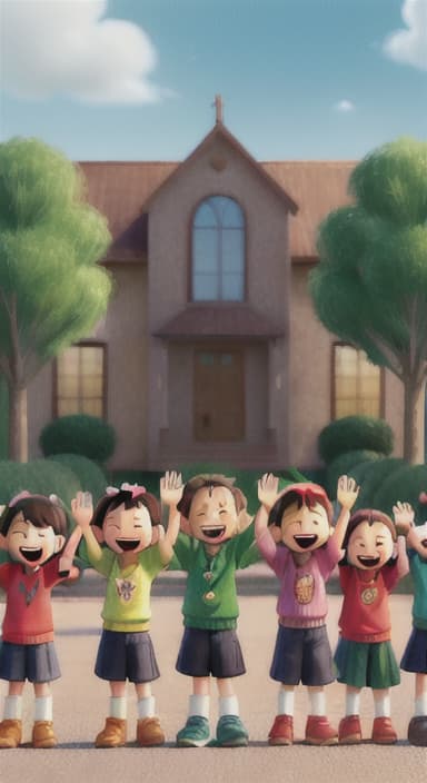  {A heartwarming scene of all the children waving goodbye with happy expressions., Children waving with wide smiles, looking grateful and content.