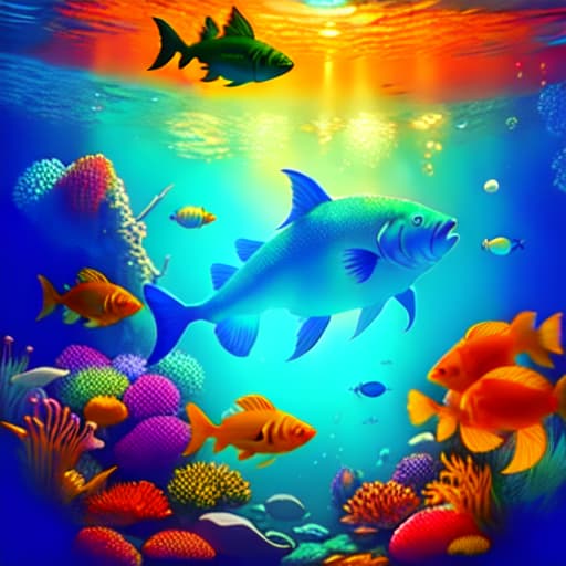 in OliDisco style Ocean floor party: Fishes celebrate in the deep blue sea. hyperrealistic, full body, detailed clothing, highly detailed, cinematic lighting, stunningly beautiful, intricate, sharp focus, f/1. 8, 85mm, (centered image composition), (professionally color graded), ((bright soft diffused light)), volumetric fog, trending on instagram, trending on tumblr, HDR 4K, 8K