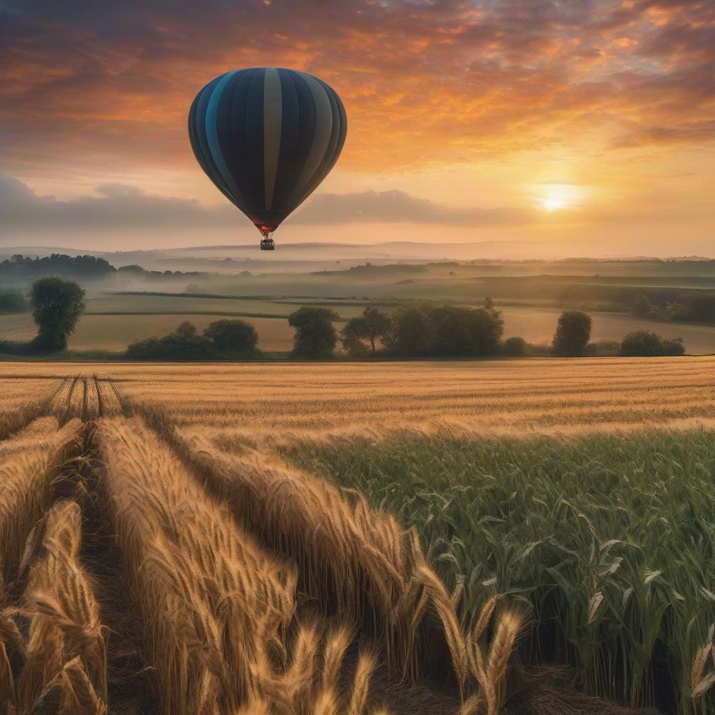  A hot air balloon flies over a field of wheat, Dutch painting, oil painting, good detail of brushstrokes. hyperrealistic, full body, detailed clothing, highly detailed, cinematic lighting, stunningly beautiful, intricate, sharp focus, f/1. 8, 85mm, (centered image composition), (professionally color graded), ((bright soft diffused light)), volumetric fog, trending on instagram, trending on tumblr, HDR 4K, 8K