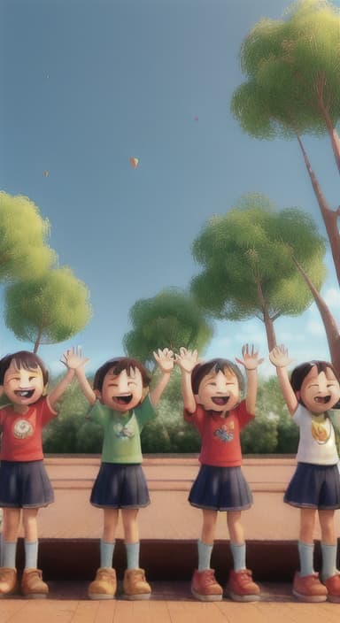  {A heartwarming scene of all the children waving goodbye with happy expressions., Children waving with wide smiles, looking grateful and content.