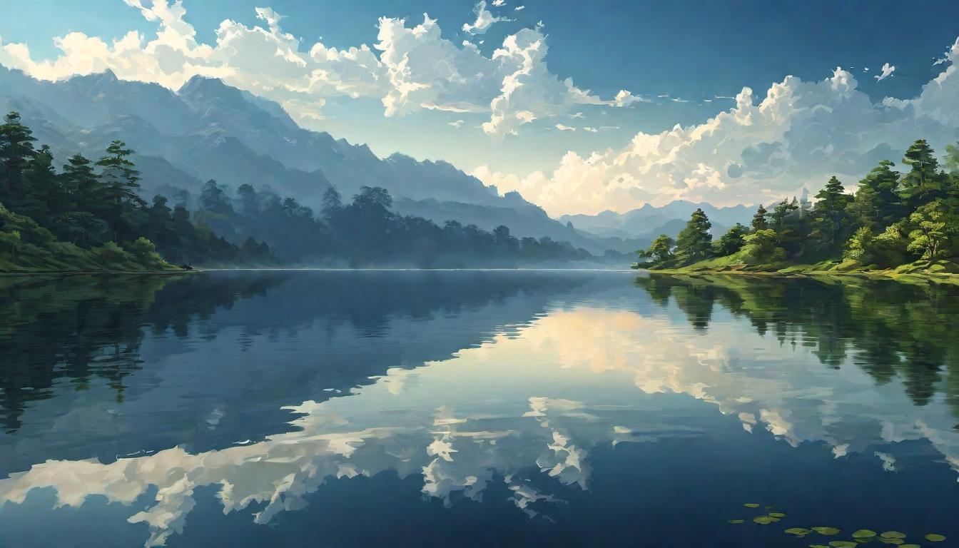  digital illustration, A serene lake reflecting the clear sky above, tranquility amidst turmoil, meditative calm, clarity, looking at viewer, dynamic pose, (intricate details, masterpiece, best quality)