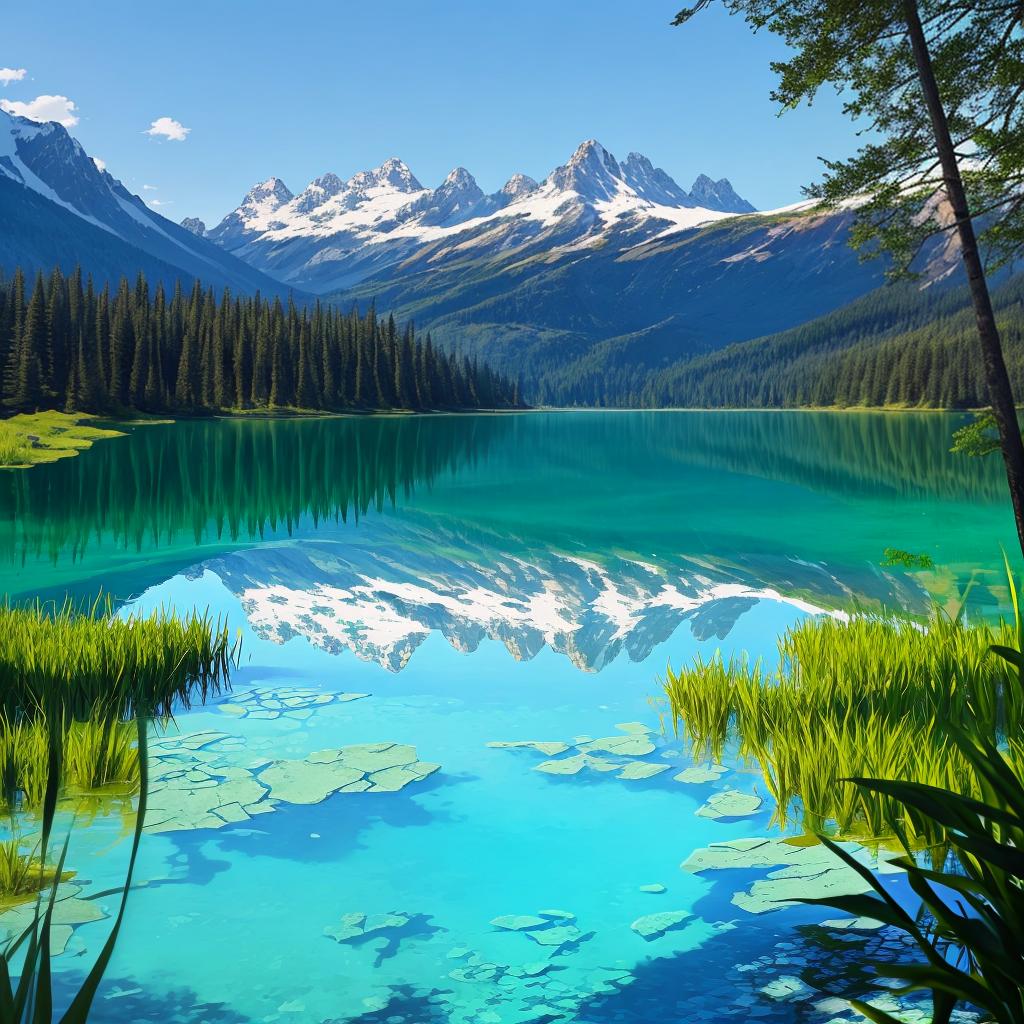  as a painting, Convey the serene majesty of towering mountains reflected in the crystal-clear waters of a tranquil alpine lake, using your unique artistic vision to evoke a sense of awe and tranquility.