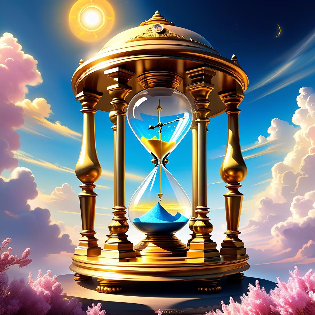  ethereal fantasy concept art of (Fancy hourglass). clock design: wooden carved case lacquered. Bowls of transparent glass. Inside the top bowl of the clock the rising sun is displayed. Around the sun is a blue sky and white, golden pink clouds. (Inside the lower bowl of the clock):A nighttime, dark blue sky with a bright yellow month with a silvery cast. Beneath the sky are mountains covered with blue white snow, shimmering with different colours of the rainbow. Background: gradient: in the lower part of the background the structure of sand. In the upper part of the background perispherical clouds in the blue sky. Style: philosophical romantic fantasy. . magnificent, celestial, ethereal, painterly, epic, majestic, magical, fantasy art, cov hyperrealistic, full body, detailed clothing, highly detailed, cinematic lighting, stunningly beautiful, intricate, sharp focus, f/1. 8, 85mm, (centered image composition), (professionally color graded), ((bright soft diffused light)), volumetric fog, trending on instagram, trending on tumblr, HDR 4K, 8K