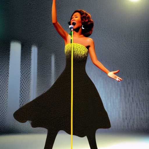 wa-vy style Whitney Houston singing in the rain holding a heart in left hand