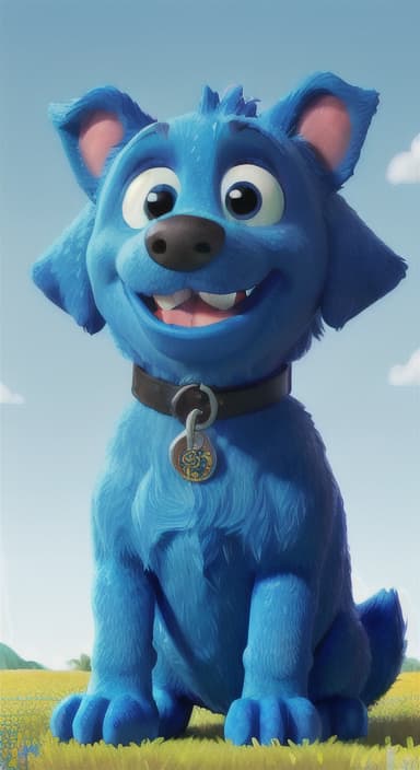  {A happy, big blue dog wagging its tail in a colorful meadow, The big blue dog is large with sky blue fur, big round eyes, a black nose, and floppy ears.