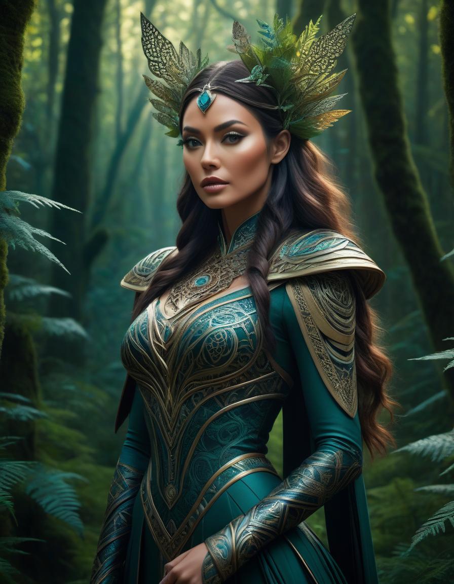  A stunning digital painting of a mysterious forest woman with intricate details, geometric patterns, and surreal elements. The artwork is highly detailed, photorealistic, and beautifully balanced, showcasing a masterful blend of fantasy and realism. hyperrealistic, full body, detailed clothing, highly detailed, cinematic lighting, stunningly beautiful, intricate, sharp focus, f/1. 8, 85mm, (centered image composition), (professionally color graded), ((bright soft diffused light)), volumetric fog, trending on instagram, trending on tumblr, HDR 4K, 8K