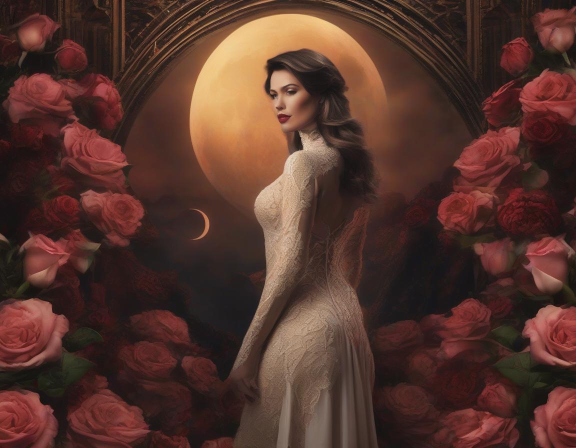  concept art An elaborate digital artwork of a woman in vintage attire with roses and a lunar backdrop. . digital artwork, illustrative, painterly, matte painting, highly detailed hyperrealistic, full body, detailed clothing, highly detailed, cinematic lighting, stunningly beautiful, intricate, sharp focus, f/1. 8, 85mm, (centered image composition), (professionally color graded), ((bright soft diffused light)), volumetric fog, trending on instagram, trending on tumblr, HDR 4K, 8K