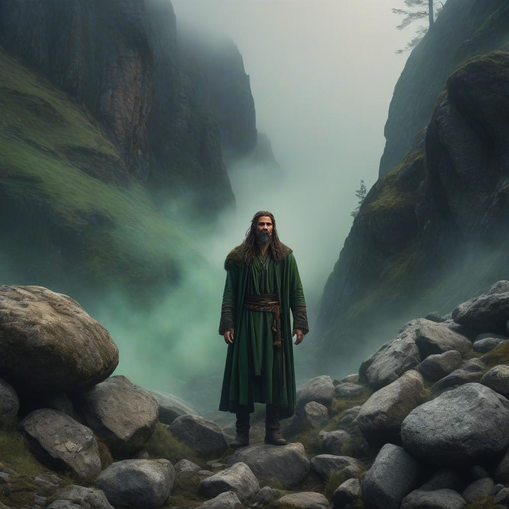  horror themed God of the earth, spirit of the earth, lord of the mountains, a man with brown hair and green eyes, hovering over the rocks, face in close up, surrounded by stones, fog, wind, mysticism, sorcery . eerie, unsettling, dark, spooky, suspenseful, grim, highly detailed hyperrealistic, full body, detailed clothing, highly detailed, cinematic lighting, stunningly beautiful, intricate, sharp focus, f/1. 8, 85mm, (centered image composition), (professionally color graded), ((bright soft diffused light)), volumetric fog, trending on instagram, trending on tumblr, HDR 4K, 8K