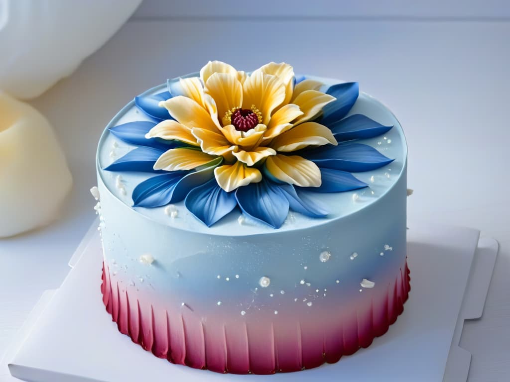  A closeup, ultradetailed photograph of a delicate, intricate sugar flower gracefully adorning a beautifully crafted cake. The flower's petals exhibit a breathtaking level of realism, with each delicate vein and gradient clearly visible. Light gently catches on the shimmering sugar crystals, creating a mesmerizing play of shadows and highlights. The background is softly blurred, emphasizing the stunning detail of the flower and adding a sense of elegance and sophistication to the composition. hyperrealistic, full body, detailed clothing, highly detailed, cinematic lighting, stunningly beautiful, intricate, sharp focus, f/1. 8, 85mm, (centered image composition), (professionally color graded), ((bright soft diffused light)), volumetric fog, trending on instagram, trending on tumblr, HDR 4K, 8K