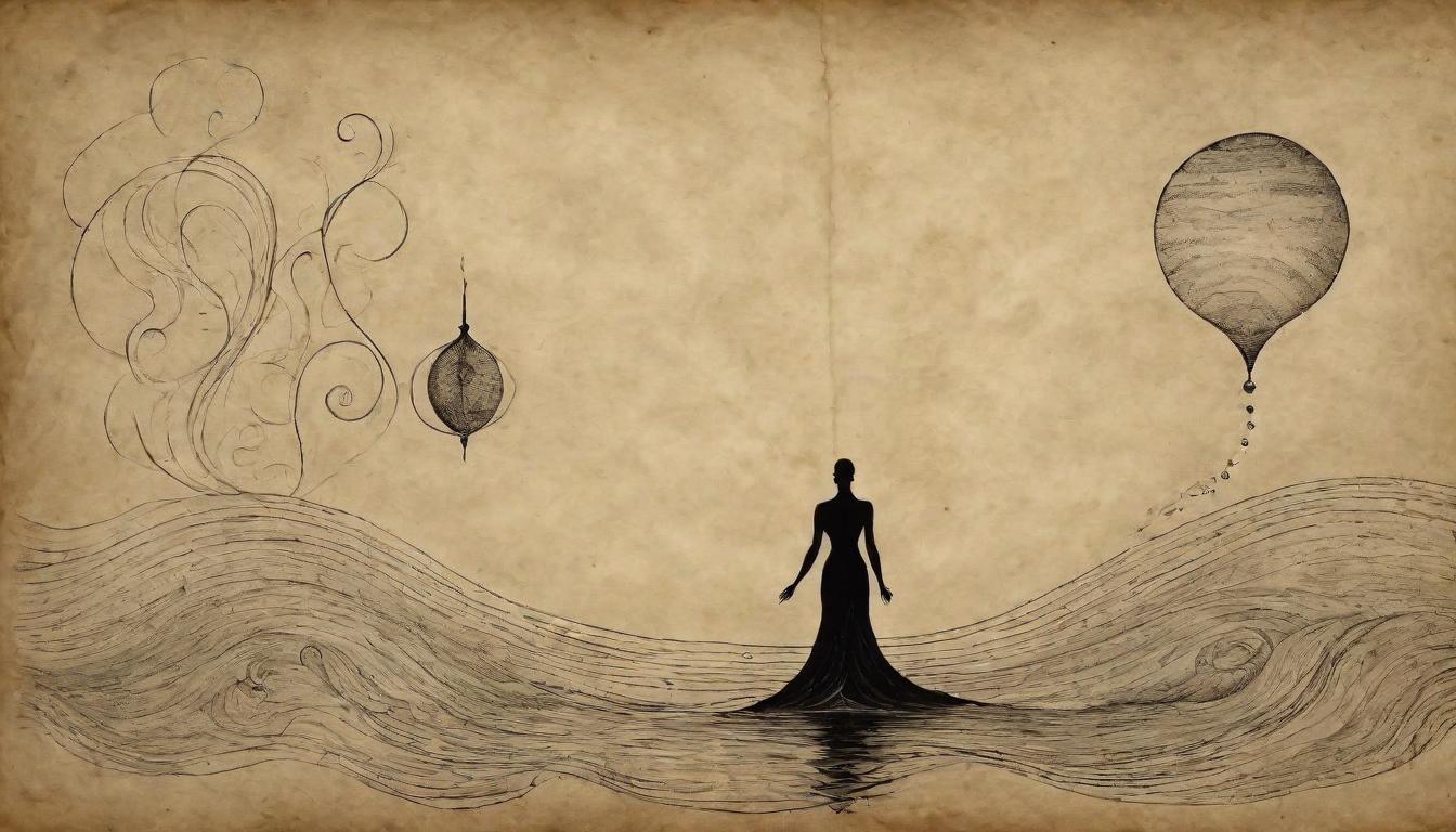  on parchment, surrealism++, Rippling waves through the ether, individual's silhouette standing firm, energy manipulation, awareness(mysterious, provocative, symbolic)++