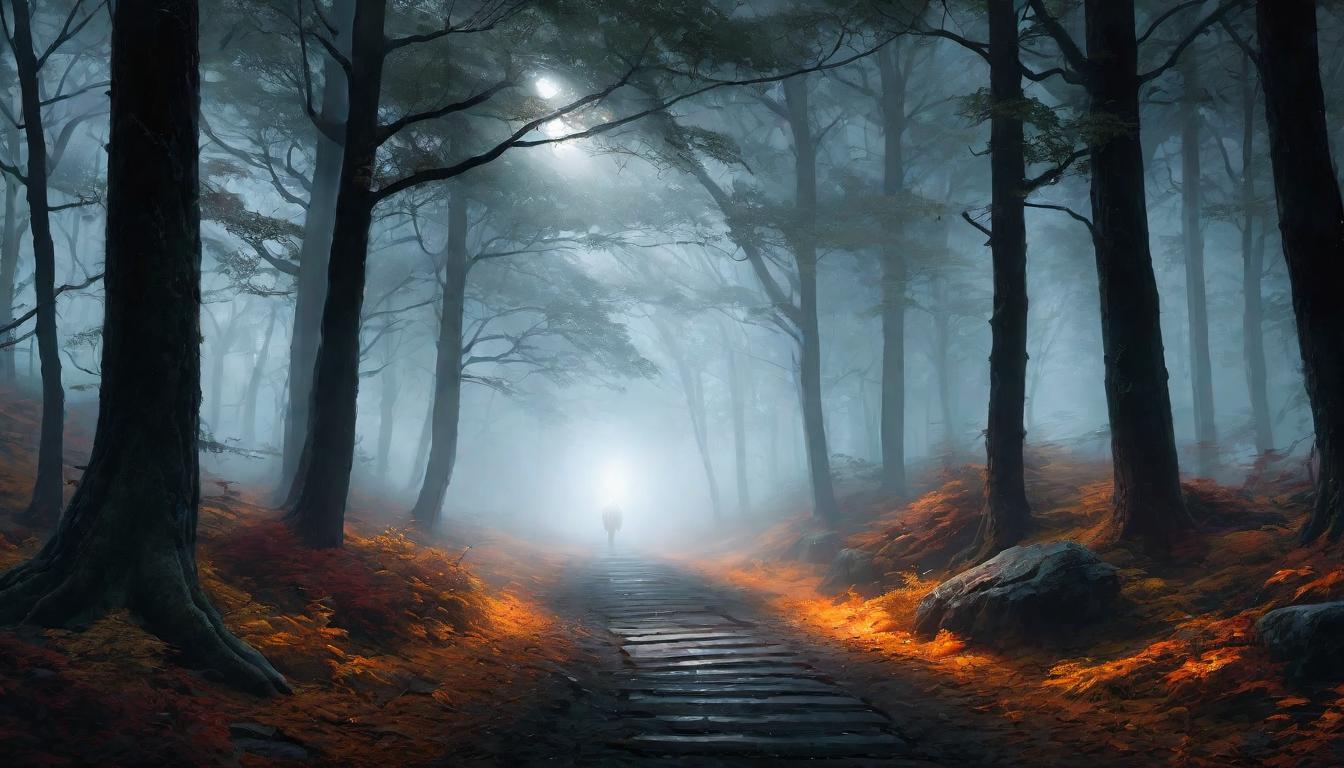  digital painting of A lantern illuminating a path through a dense, dark forest, beams of light cutting through fog, guidance, revelation, warmth amid cold uncertainty looking at viewer, dynamic pose, (intricate details, masterpiece, best quality)