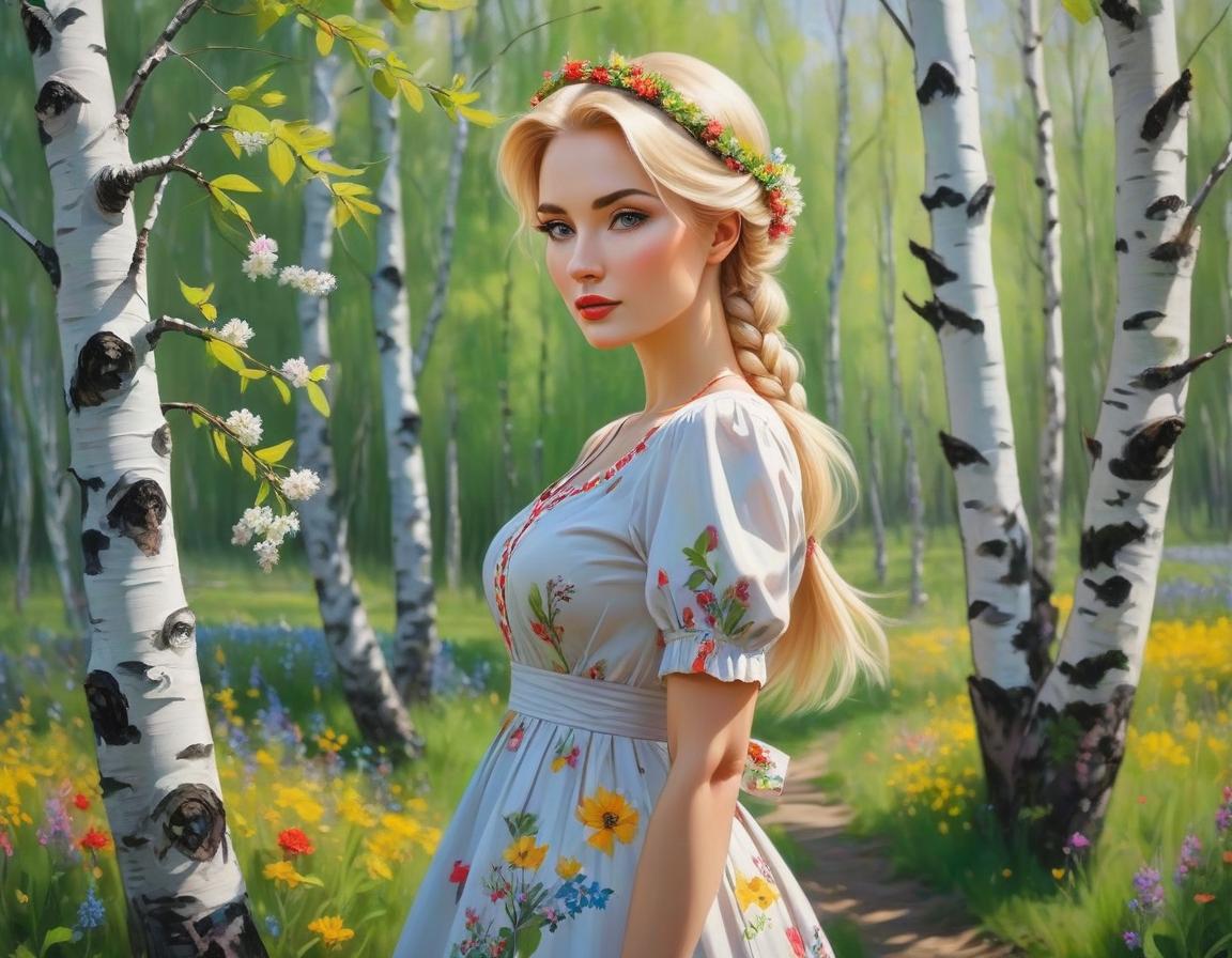  abstract expressionist painting A masterpiece.A beautiful girl with a blond braid in the image of spring stands by a birch tree.She has a wreath of wildflowers on her head.The girl is wearing a beautiful sundress in the Russian folk style. A train of wildflowers stretches from the hem of the sundress at the bottom. In the background there is a background in the form of a green blue gradient.The style is Russian patterns.The most beautiful picture in the world . energetic brushwork, bold colors, abstract forms, expressive, emotional hyperrealistic, full body, detailed clothing, highly detailed, cinematic lighting, stunningly beautiful, intricate, sharp focus, f/1. 8, 85mm, (centered image composition), (professionally color graded), ((bright soft diffused light)), volumetric fog, trending on instagram, trending on tumblr, HDR 4K, 8K