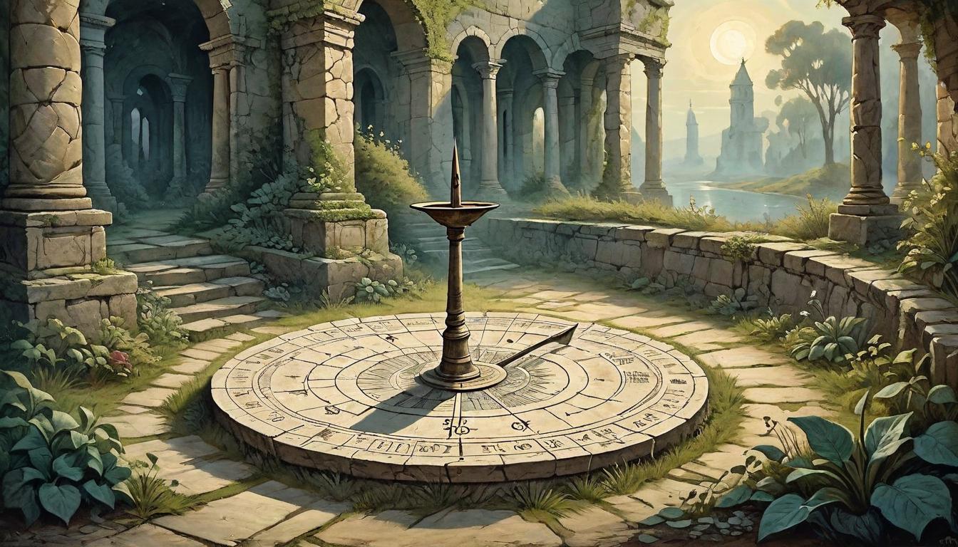  on parchment, surrealism+++, Ancient sundial casting long shadows, surrounded by overgrown ruins, timeworn stone, traces of forgotten civilization, twilight, timeless influence(mysterious, provocative, symbolic,muted color)+++