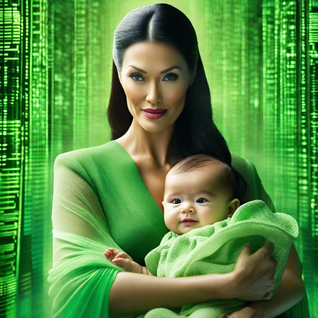  happy mother's day with lady and baby money vision bright sky computer screen matrix green unify hyperrealistic, full body, detailed clothing, highly detailed, cinematic lighting, stunningly beautiful, intricate, sharp focus, f/1. 8, 85mm, (centered image composition), (professionally color graded), ((bright soft diffused light)), volumetric fog, trending on instagram, trending on tumblr, HDR 4K, 8K