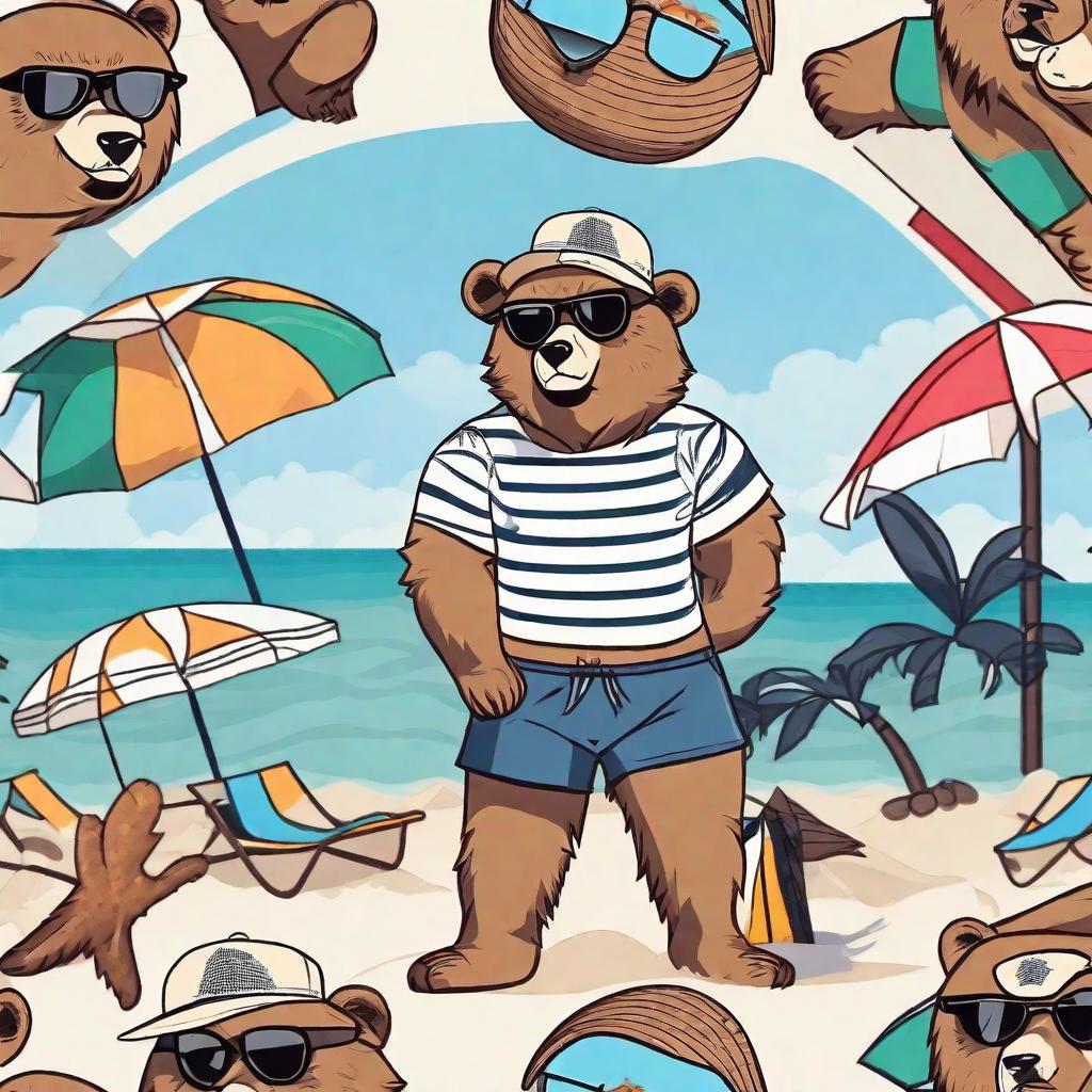  masterpiece, best quality, Happy beach bear wearing sunglasses and cap and swimming trunks and no shirt