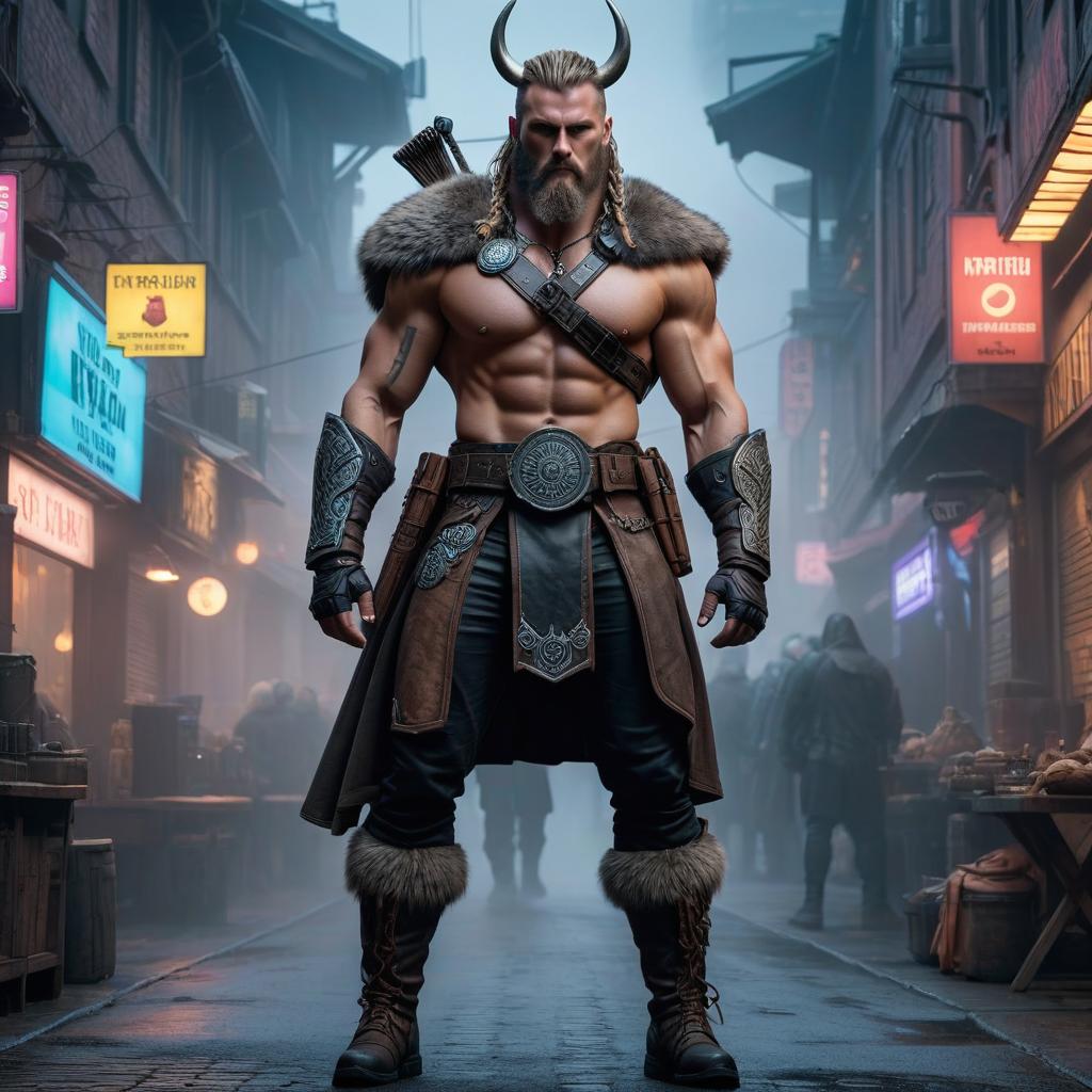  Cyberpunk Viking hyperrealistic, full body, detailed clothing, highly detailed, cinematic lighting, stunningly beautiful, intricate, sharp focus, f/1. 8, 85mm, (centered image composition), (professionally color graded), ((bright soft diffused light)), volumetric fog, trending on instagram, trending on tumblr, HDR 4K, 8K