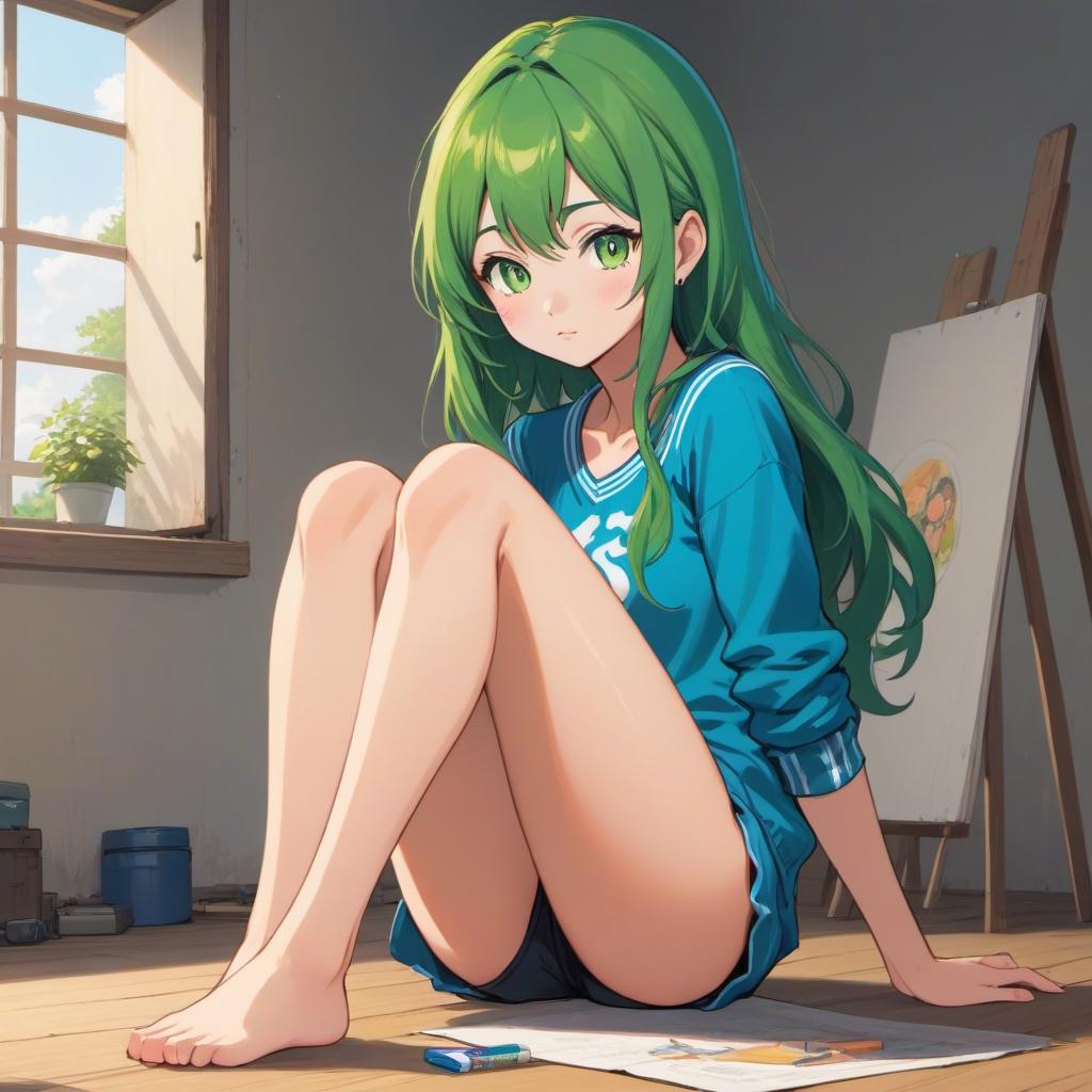  A sitting , ing her legs and showing her s (ANIME:1.2), slavic woman, age 18, nerd face, green eyes, ids hair, extra , small , skinny , , ( сlothes:1.2), 4k higly detailed, after face, flirting with the camera, ((full body)), ((full length)), drawing, painting, crayon, sketch, after face, flirting with the camera